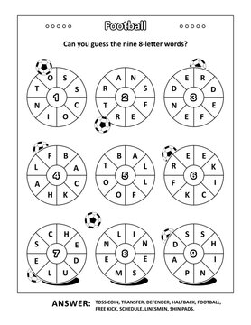 Football word puzzle (English language) with themed words  written around: Can you guess the nine 8-letter words? Black and white. Answer included.
