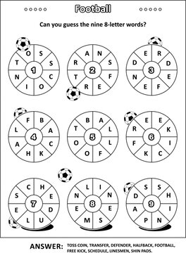 Football word puzzle (English language) with themed words  written around: Can you guess the nine 8-letter words? Black and white. Answer included.
