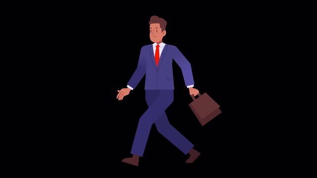 Looping seamless animation of a walking businessman with a briefcase on an isolated alpha channel