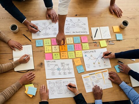 Diverse business team brainstorming with sticky notes and diagrams on a wooden table meeting for a project planning strategy session top view