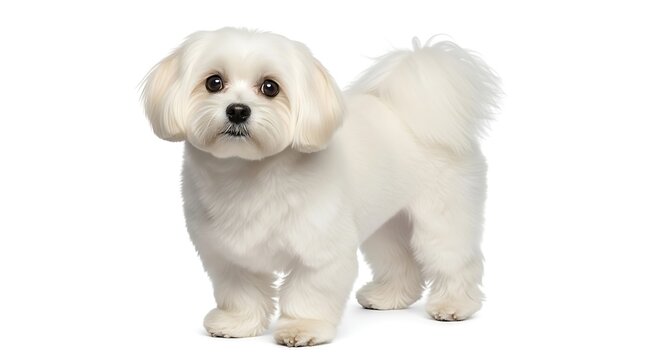 A small, fluffy white Maltese dog with dark eyes and nose stands attentively against a clean white background, looking directly forward.
