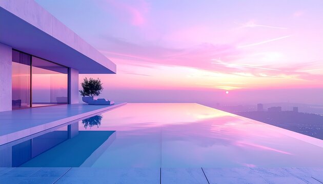 Contemporary rooftop with infinity pool reflecting a pastel sunrise in lavender and pale blue, luxury resort scene