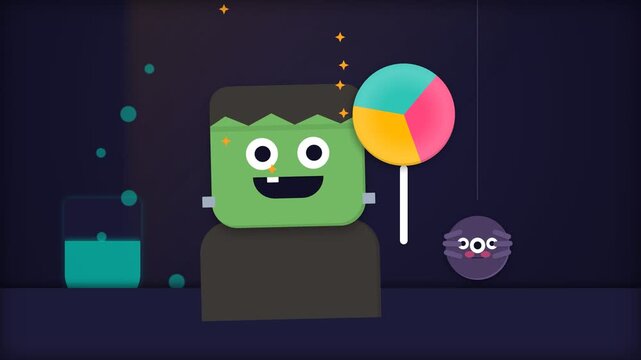 Animated Halloween Frankenstein Character Holding A Colorful Lollipop In A Spooky Laboratory Setting.