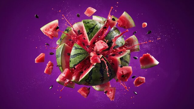 Ripe watermelon exploding into small pieces against a purple background