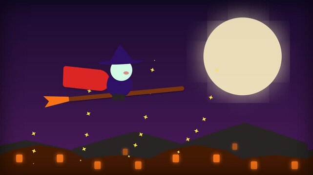 Animated Witch Flying on a Broomstick Under a Full Moon at Night.