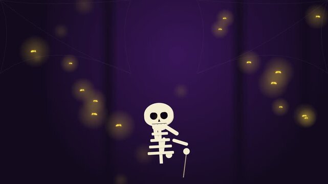 Cute Cartoon Skeleton Character Dancing in a Dark Forest with Glowing Fireflies.