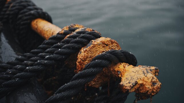 jeopardizing. Thick wet ropes and barnacled anchor pulled from dark water, droplets flying. safety posters, maintenance manuals, designed for industrial assembly lines and welding operations.