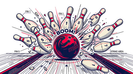 Red bowling ball smashing pins for an explosive strike © rehan