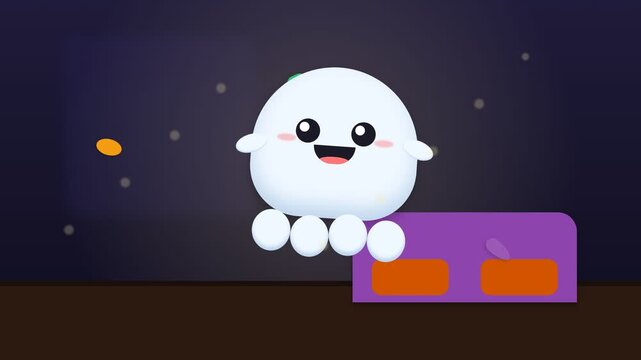 Cute Animated White Ghost Character Floating in Space with Purple Platform.