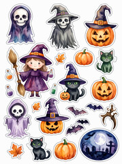 Fototapeta premium cute Halloween sticker pack, colorful flat vector illustration, collection of adorable Halloween characters including smiling jack-o'-lantern pumpkins, cute ghost, grim reaper, little witch girl, blac