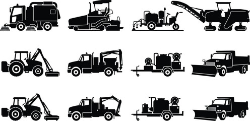 Heavy Road Construction and Municipal Maintenance Vehicles Silhouette Vector Icon Set for Industrial Design © Abdul