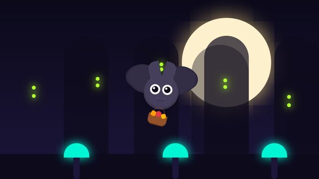 Cute Cartoon Bat Flying Through Night Cityscape with Glowing Fireflies and Full Moon.