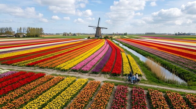 Aerial view of vibrant tulip fields in colorful rows under clear blue sky