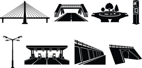 Highway infrastructure and road traffic elements black silhouette vector icons set featuring bridge tunnel and toll plaza © Abdul