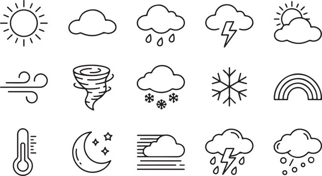 Weather forecast outline icons for climate and seasonal apps.