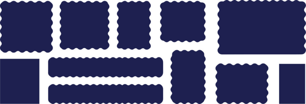 Collection of assorted dark blue decorative shapes with wavy edges and plain rectangles