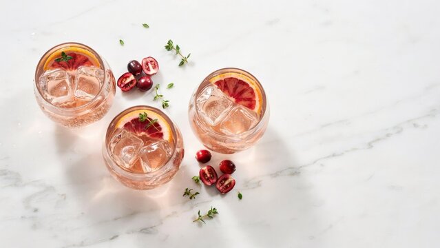 Three crystal glasses filled with sparkling blood orange cranberry cocktails