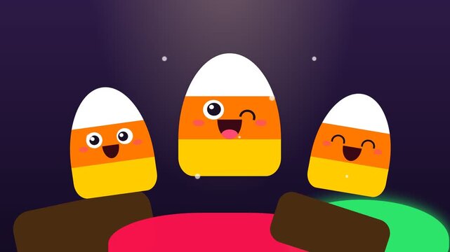 Cute Animated Candy Corn Characters Celebrating Halloween Holiday Fun.