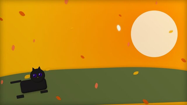Minimalist Animation of a Cute Black Cat Jumping Under a Full Moon in Autumn.