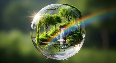 Naklejka premium Lush miniature ecosystem within a sparkling glass sphere, featuring a waterfall and rainbow, symbolizing environmental purity and a sustainable future for our planet