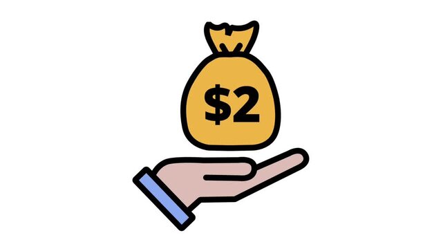 Hand holding a money bag with 2 dollars icon flat animation