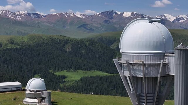 An observatory on the picturesque Asy Plateau near the city of Almaty in southeastern Kazakhstan on a summer day.