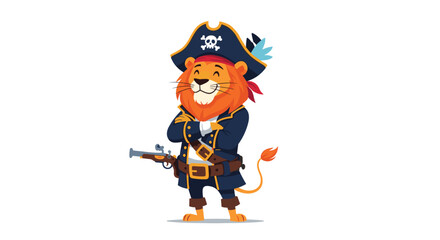 Obraz premium Brave lion character dressed in a full pirate costume with a captain's hat, coat, and belt holding a flintlock pistol.