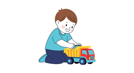 Naklejka premium Young boy with brown hair kneeling on the floor while happily playing with a colorful yellow and red toy dump truck.