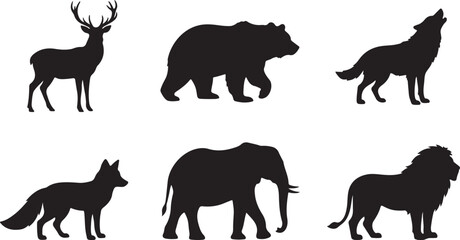 Fototapeta premium Wild Animal Silhouettes, Black Icons, Vector Set of 7 Animals, Wildlife Symbols