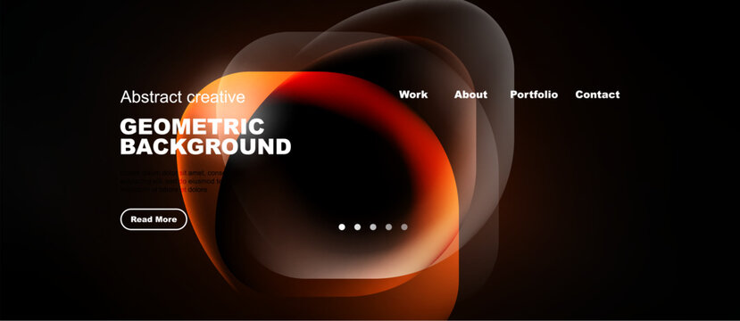 Abstract design features flowing orange shapes over dark background. Website navigation present with text, buttons. Modern aesthetic.