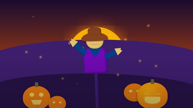 Animated Scarecrow Standing in a Pumpkin Patch Under a Glowing Full Moon at Night.