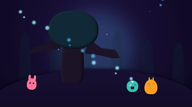 Animated Night Forest Scene with Cute Glowing Creatures and Floating Fireflies.