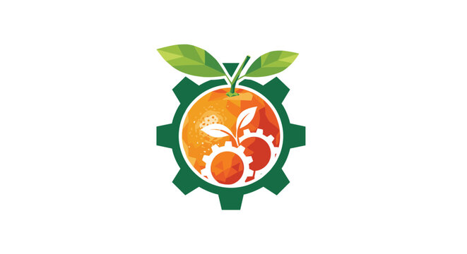 Creative logo design combining a bright orange fruit with green mechanical gears and leaves representing agricultural technology.