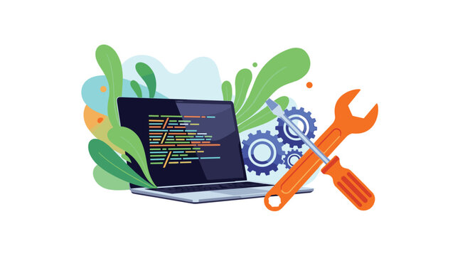 Laptop computer displaying code on screen surrounded by orange wrench, screwdriver, and gears for software development and repair.