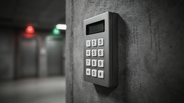 Silver digital keypad mounted on a rough grey concrete wall