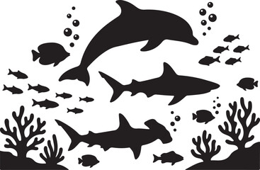 Naklejka premium Black ocean creatures, underwater sea life, dolphin shark fish silhouettes, marine icons, vector set