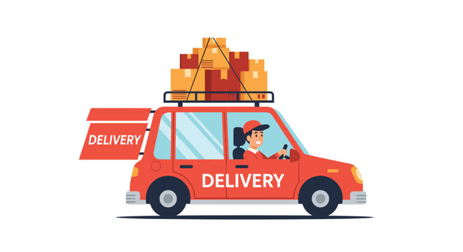 Red delivery car driving with a stack of cardboard boxes on its roof and more in the trunk for efficient shipping.