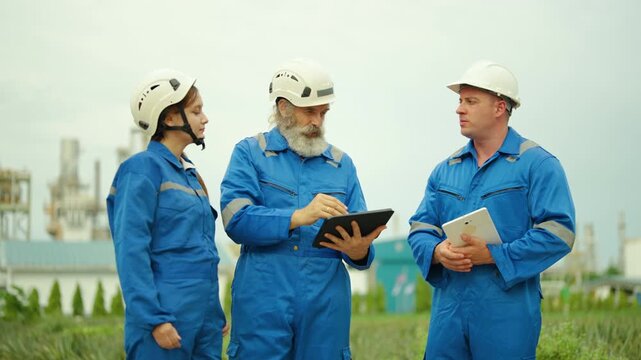 Three industrial engineers in blue uniforms and white hard hats discuss a project using digital tablets outside a modern manufacturing plant. Senior manager training team on outdoor factory site.