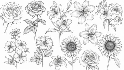 Fototapeta premium Delicate floral sketches of roses, lilies, sunflowers, and daisy-like blooms
