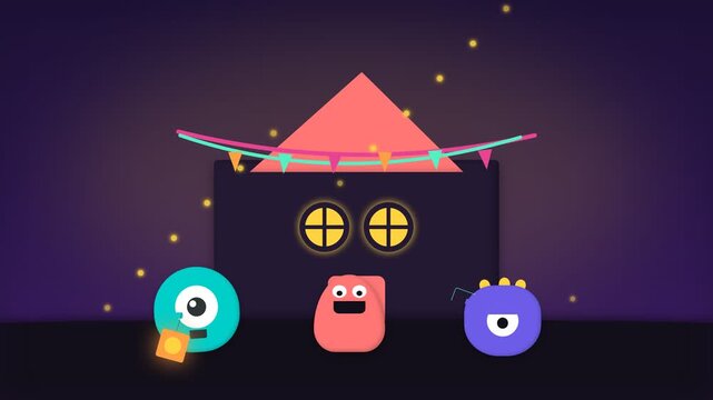Cute Animated Monsters Celebrating Halloween Night with Festive Decorations.