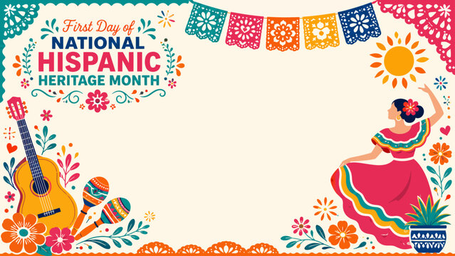 First day of national hispanic heritage month. Colorful Hispanic Heritage Month background banner featuring a traditional Mexican dancer, guitar, maracas, and floral designs