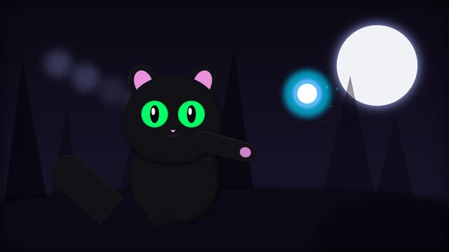 Cute Animated Black Cat Character Casting Magical Blue Light Spells in Dark Night Forest.
