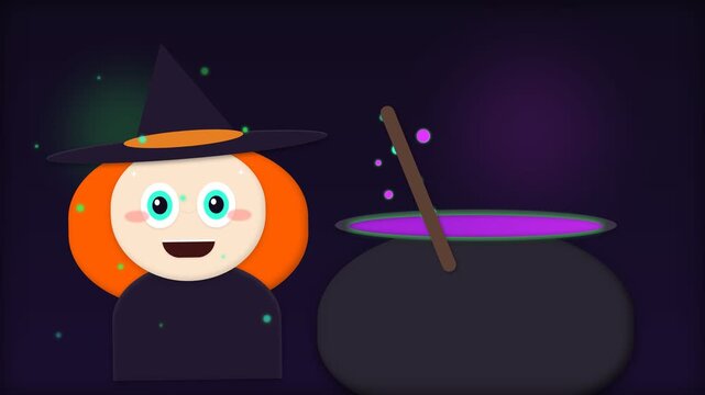Animated Cartoon Witch Stirring Magical Potion in Cauldron for Halloween.