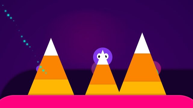 Animated Candy Corn Character Jumping Between Triangular Platforms in a Dark Digital Environment.