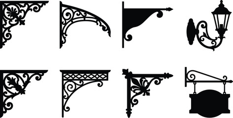 Set of forged vintage brackets street lantern and hanging signboard silhouettes isolated on white © Abdul