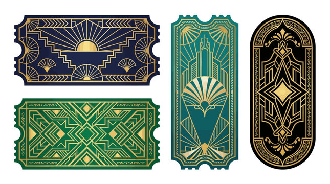 Vibrant art deco patterns adorn four ornate rectangular and oval shapes.