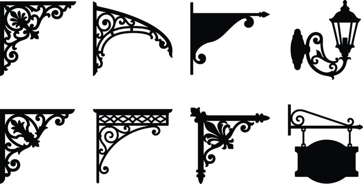 Set of forged vintage brackets street lantern and hanging signboard silhouettes isolated on white