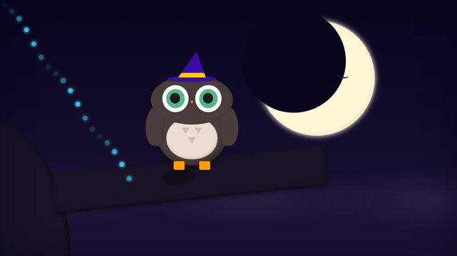 Cute Cartoon Owl Wearing A Witch Hat Sitting On A Branch At Night Under The Moon.