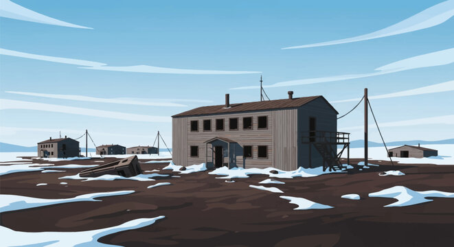 Illustration of an abandoned polar research station with weathered wooden buildings and derelict structures set against an arctic tundra landscape with melting snow and blue sky.