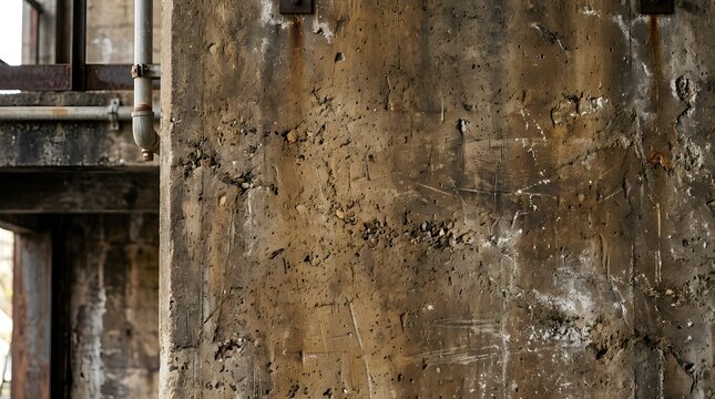 Rough industrial concrete wall with weathered texture and old metal pipe running down left side corner.
